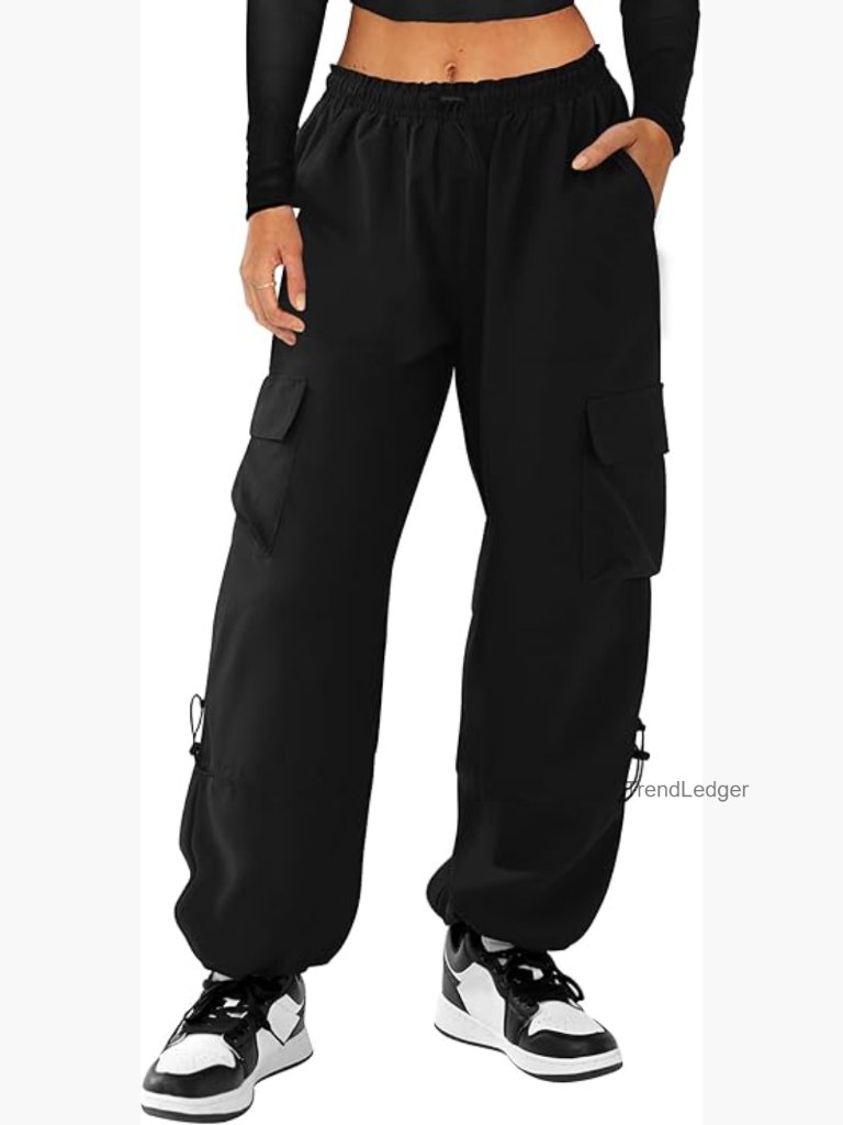 Parachute Cargo Pants Elastic Waist Water Resistant Baggy Joggers 4 Pockets